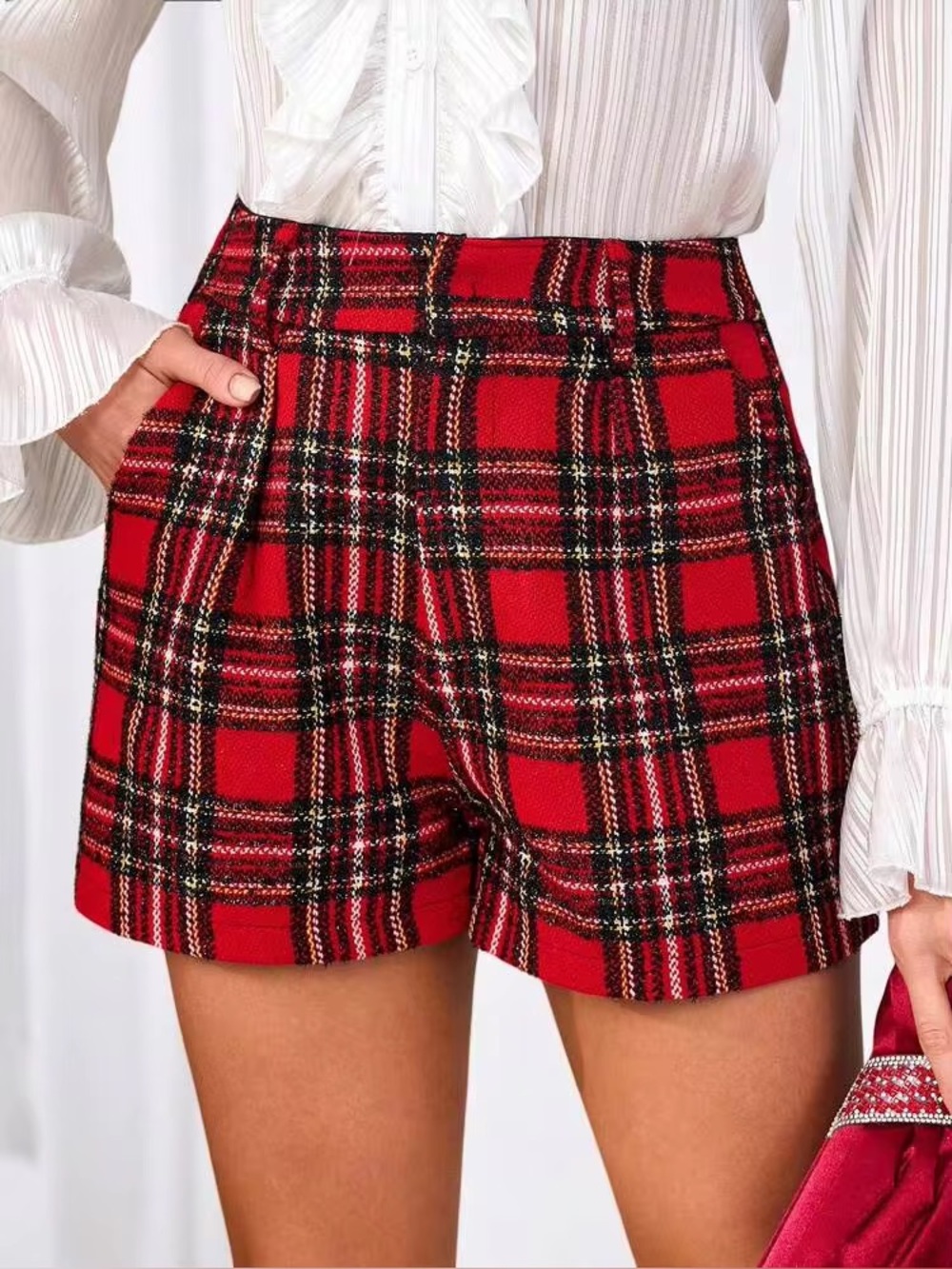 SHEIN Red Plaid Black Metallic High-Waist Shorts Size Small